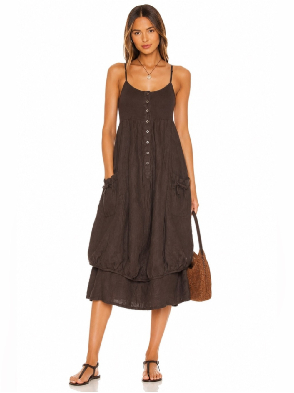 Made in Italy Brown Linen Blend Button Front Midi Dress Ribbed Bodice Cargo Pock